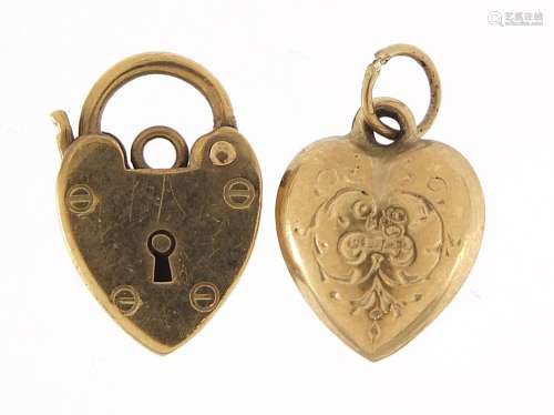 9ct gold love heart padlock and 9ct gold love heart charm, t...