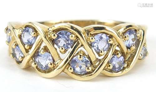9ct gold tanzanite half eternity ring, size O, 3.7g
