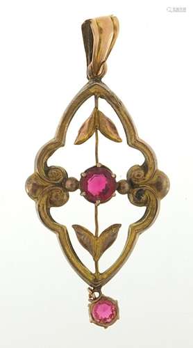 Art Nouveau 9ct gold red stone pendant, 5cm high, 1.4g