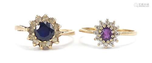 Two 9ct gold cluster rings set with blue, purple and white s...