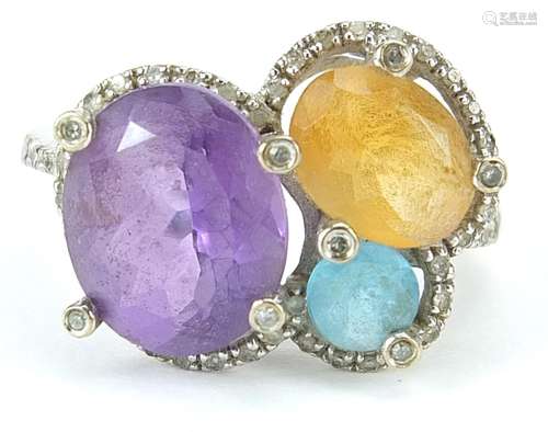 9ct white gold amethyst, topaz, citrine and diamond ring, si...