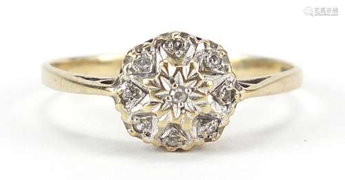 9ct gold diamond cluster ring, size M/N, 1.3g