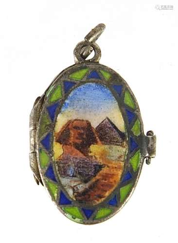 Egyptian Revival silver and enamel casket charm opening to r...