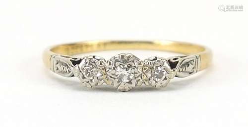 18ct gold and platinum diamond three stone ring, size M, 1.7...