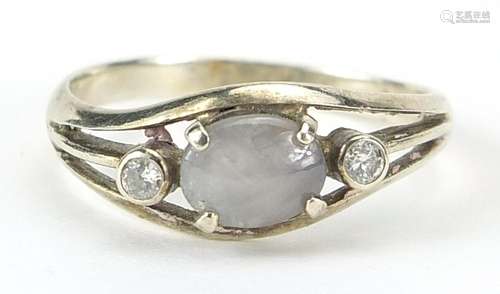 Unmarked gold cabochon moonstone and diamond ring, size M, 2...