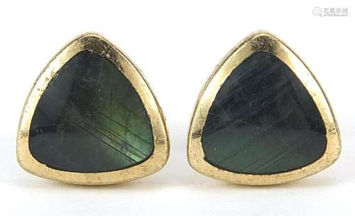 Pair of 9ct gold green tigers eye triangular stud earrings, ...