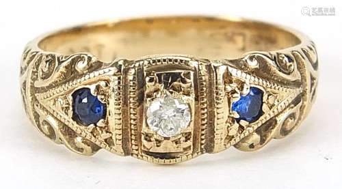 9ct gold diamond and sapphire ring with ornate setting, size...