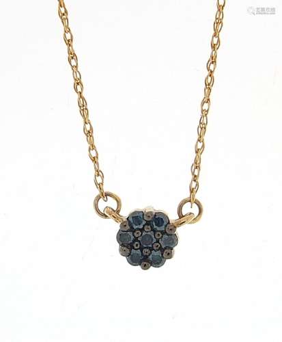 9ct gold blue diamond cluster necklace, the cluster 5mm in d...