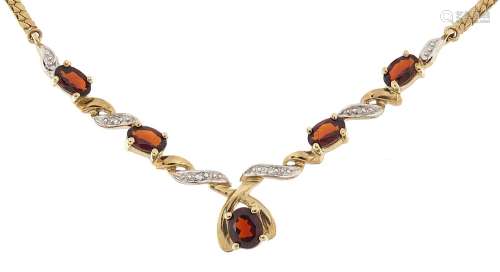 9ct gold garnet and diamond necklace, 42cm in length, 5.9g