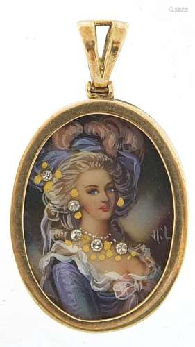 Oval 9ct gold diamond set open locket housing a hand painted...
