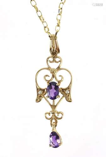 Art Nouveau 9ct gold amethyst and seed pearl pendant on a 9c...