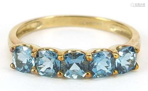 9ct gold blue stone ring, possibly blue topaz, size P, 2.0g