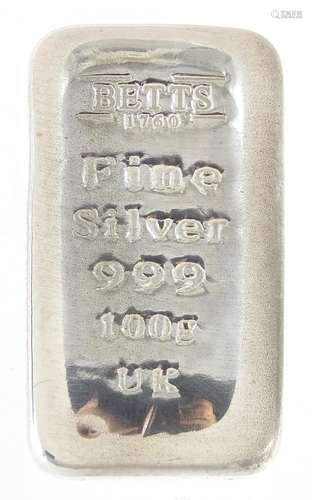 999 fine silver 100g ingot by Betts, 4.5cm x 2.5cm