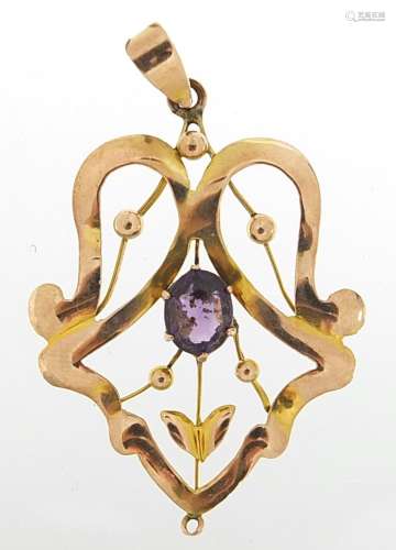 Art Nouveau 9ct gold amethyst pendant, 3.5cm high, 1.3g