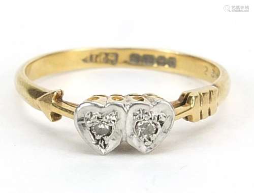 18ct gold diamond double love heart and arrow ring, size O, ...