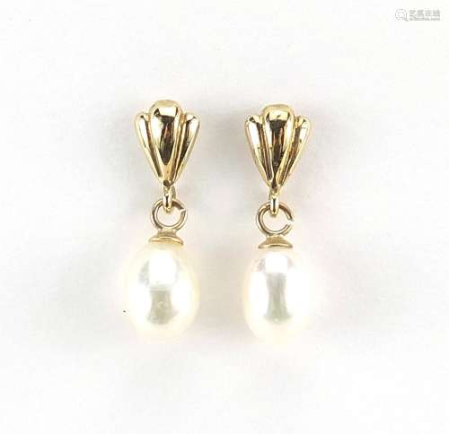 Pair of 9ct gold freshwater pearl drop earrings, 1.6cm high,...