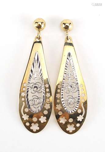 Pair of 9ct two tone gold drop earrings, 3.5cm high, 1.9g