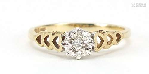 9ct gold diamond solitaire ring with pierced love heart shou...