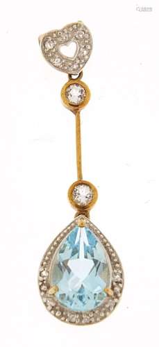 9ct gold blue topaz and cubic zirconia tear drop pendant, 4....