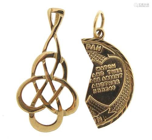 Unmarked gold Celtic design pendant and one other, (tests as...