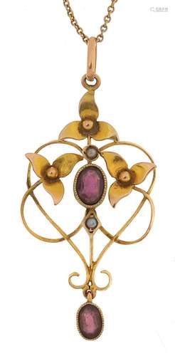 Art Nouveau 9ct gold garnet and seed pearl pendant on a 9ct ...