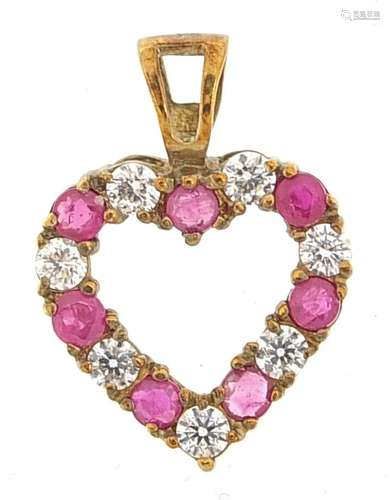 9ct gold ruby and cubic zirconia love heart pendant, 1.9cm h...