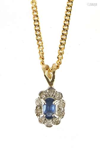 Unmarked gold sapphire and diamond cluster pendant on a 9ct ...