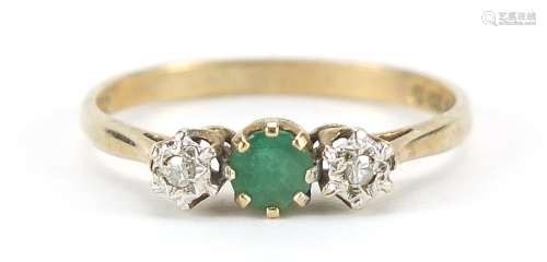 9ct gold emerald and diamond three stone ring, size O, 1.3g