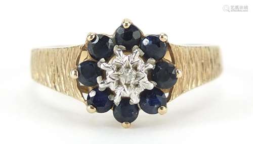 9ct gold sapphire and diamond flower head cluster ring, size...