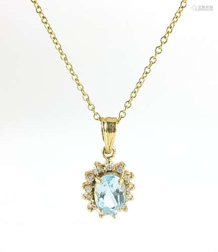 18ct gold aquamarine and diamond pendant on an 18ct gold nec...