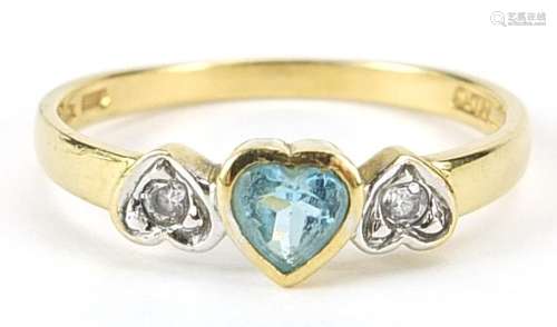 9ct gold blue topaz and diamond love heart ring, size L, 2.0...