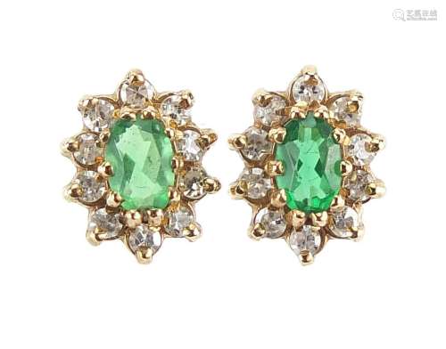 Pair of 9ct gold emerald and diamond cluster stud earrings, ...