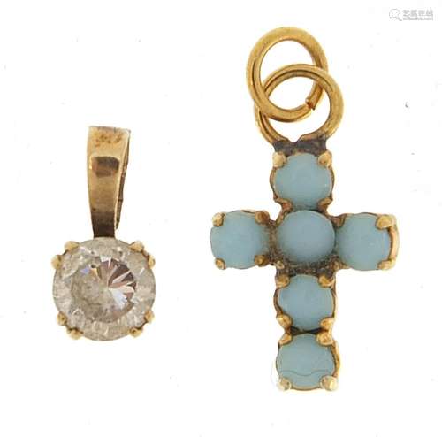 Unmarked gold turquoise cross pendant and a 9ct gold clear s...