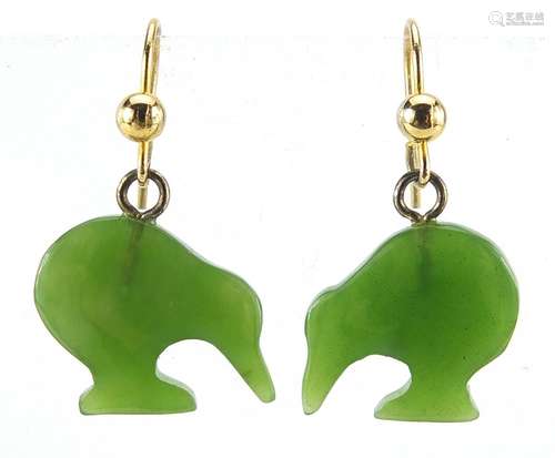 Pair of 9ct gold jade kiwi design drop earrings, 1.5cm high,...