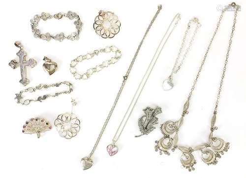 Silver jewellery including love heart lockets and earrings, ...