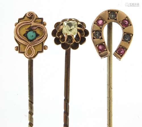 Three Victorian gold stick pins set with colourful stones, 5...