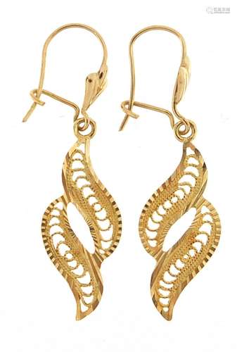 Pair of 9ct gold drop earrings, 3.5cm high, 1.2g