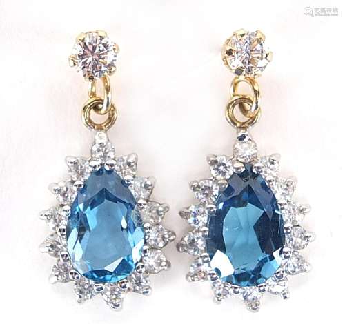 Pair of 9ct gold blue topaz and cubic zirconia drop earrings...