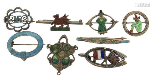 Antique and later silver and enamel brooches and an Art Nouv...