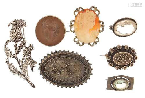 Antique and later silver brooches including lava cameo, marc...