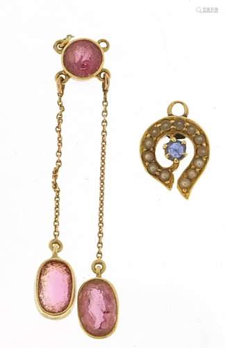 9ct gold sapphire and seed pearl pendant and an unmarked gol...