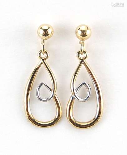 Pair of 9ct two tone gold drop earrings, 2cm high, 0.8g