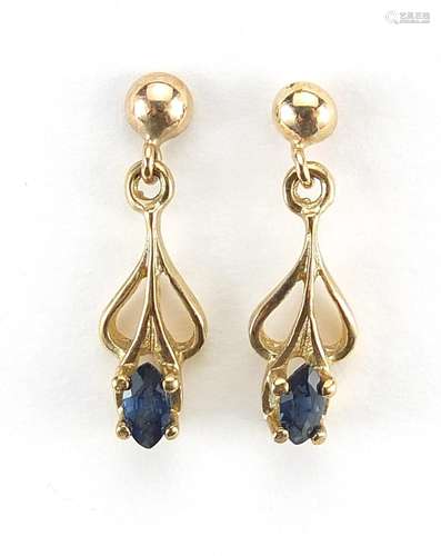 Pair of 9ct gold sapphire drop earrings, 1.6cm high, 1.0g