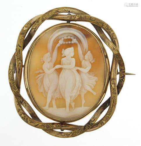 Large Three Graces cameo brooch with gold coloured metal mou...