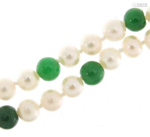 Chinese green jade and cultured pearl necklace with 14ct gol...