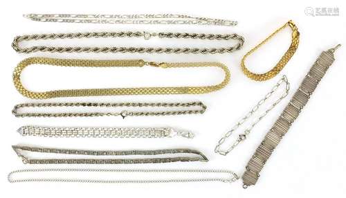 Six silver necklaces and four silver bracelets, some silver ...