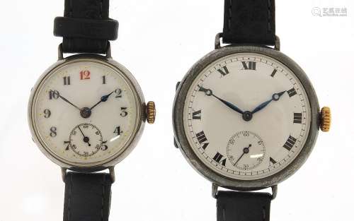 Two silver wristwatches with enamelled dials, 34mm and 27mm ...