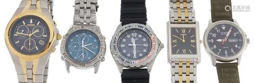 Five gentlemens Citizen wristwatches including 200m Divers a...