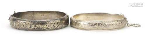 Two Victorian design silver hinged bangles with engraved dec...