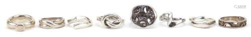 Eight silver Modernist rings including Links of London, vari...